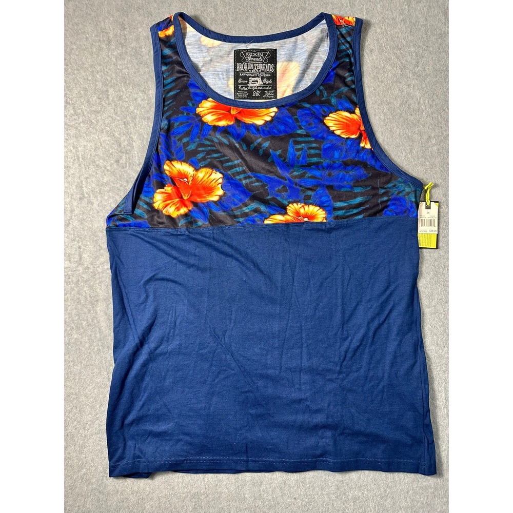 Broken Threads Mens Navy Floral Tank Top Size 2X Blue Hibiscus  NWT